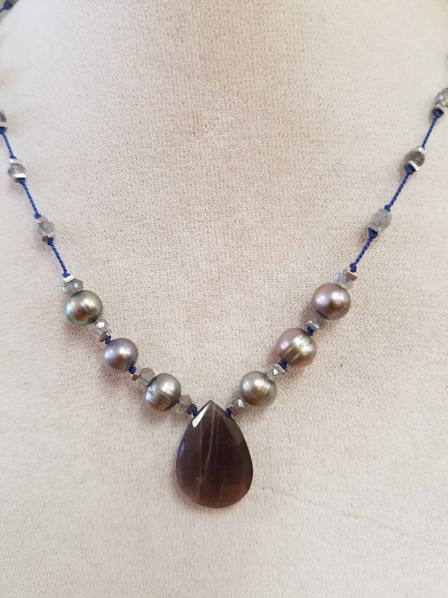 Chocolate Moonstone and pearls on silk