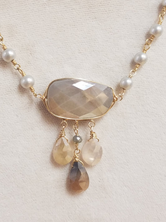 Chocolate Moon stone and Pearls necklace