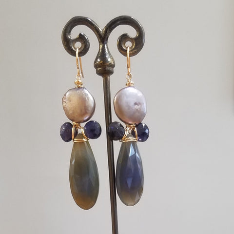 Chalcedoney, Iolite and Pearl earrings