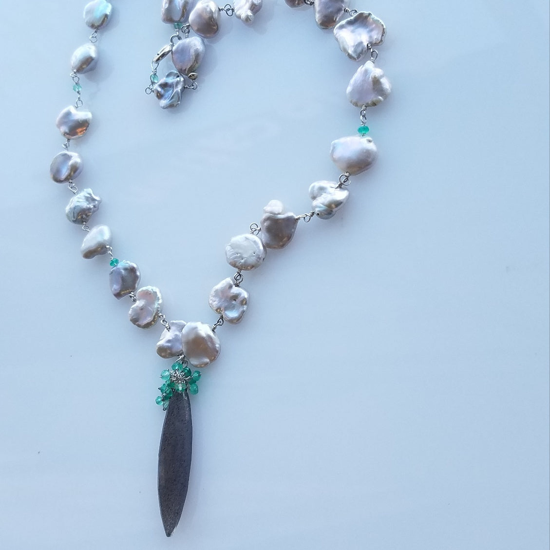 Silver pearls with sprouting green onyx necklace