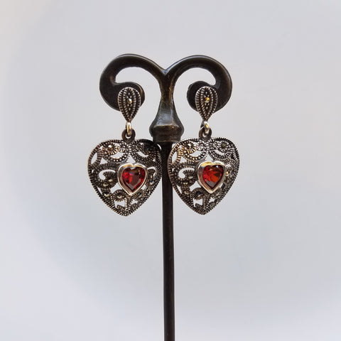 Markasite and Garnet hearts earrings
