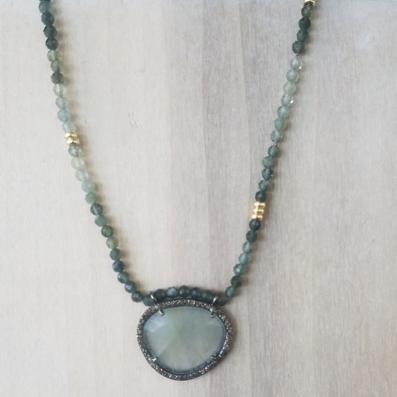 Moss aquamarine and diamonds necklace