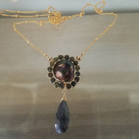 Blue Labradorite, Tourmaline and a Pearl necklace