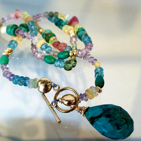 Multi gem necklace with Turquoise pendant