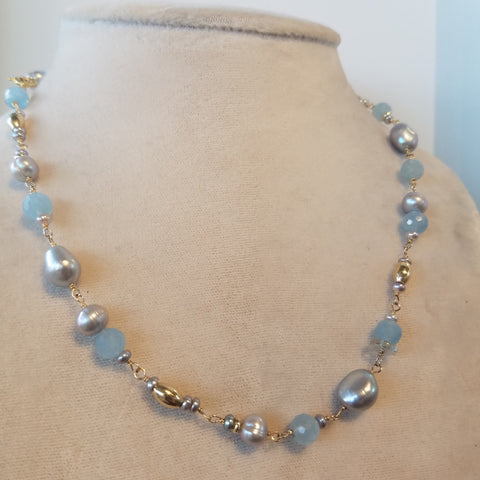 Aquamarine and silver Pearls necklace