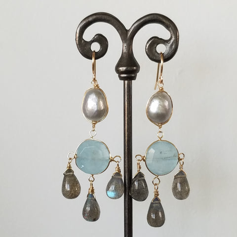 Aquamarine, Pearl and Lab chandelier earrings