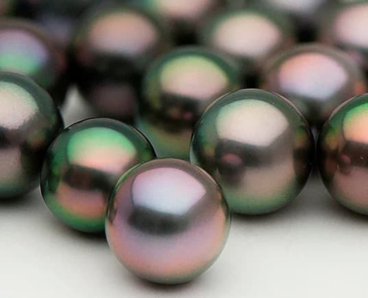 Close-up of round dark Tahitian pearls with green, pink and peacock overtones
