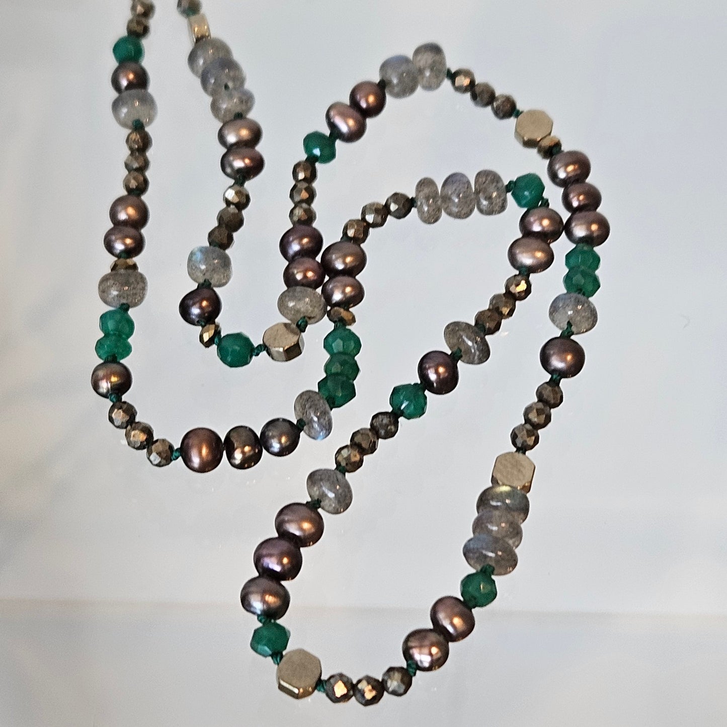 Green Onyx, Pyrite and Pearls necklace