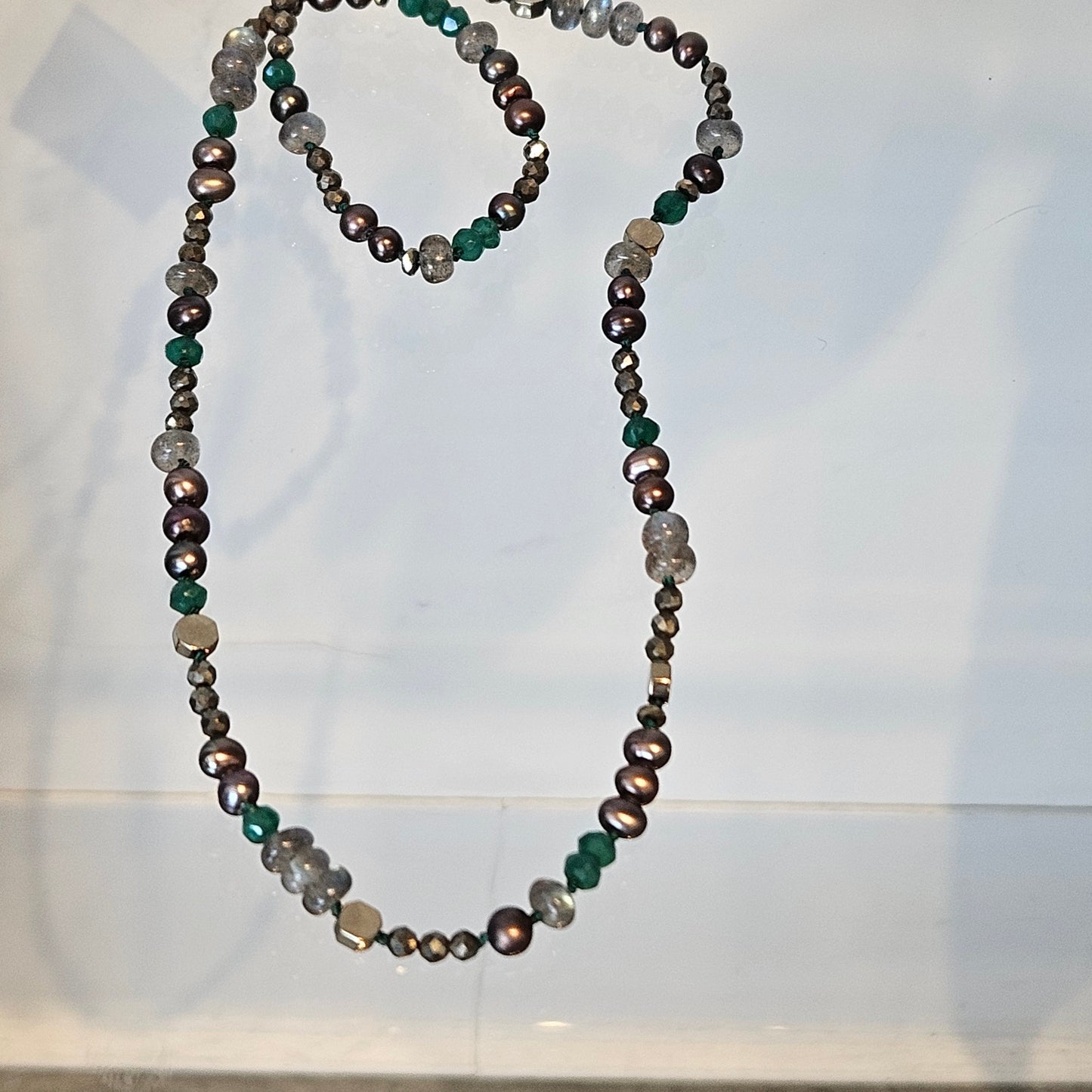 Green Onyx, Pyrite and Pearls necklace