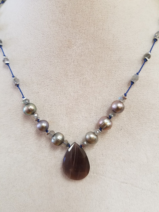 Chocolate Moonstone and pearls on silk