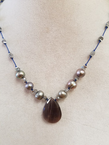 Chocolate Moonstone and pearls on silk
