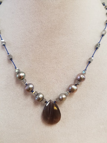 Silk necklace with Chocolate Moonstone and Labradorite