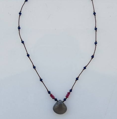 Ruby and Grey Moonstone silk necklace