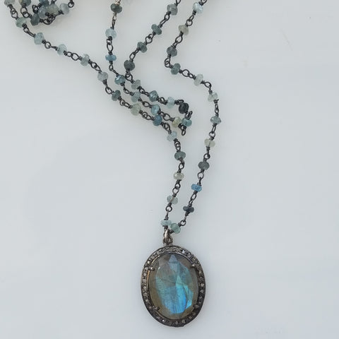 Diamonds, labradorite and Aquamarine necklace