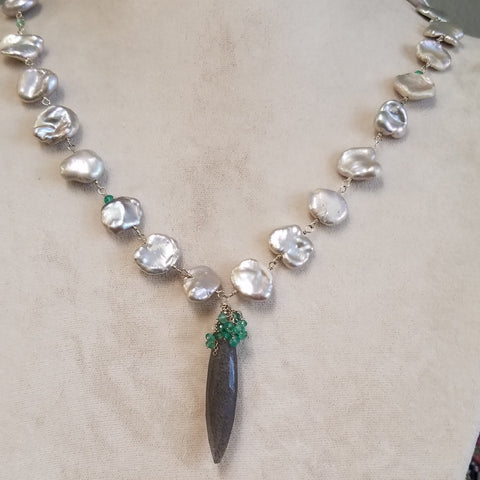 Silver pearls with sprouting green onyx necklace