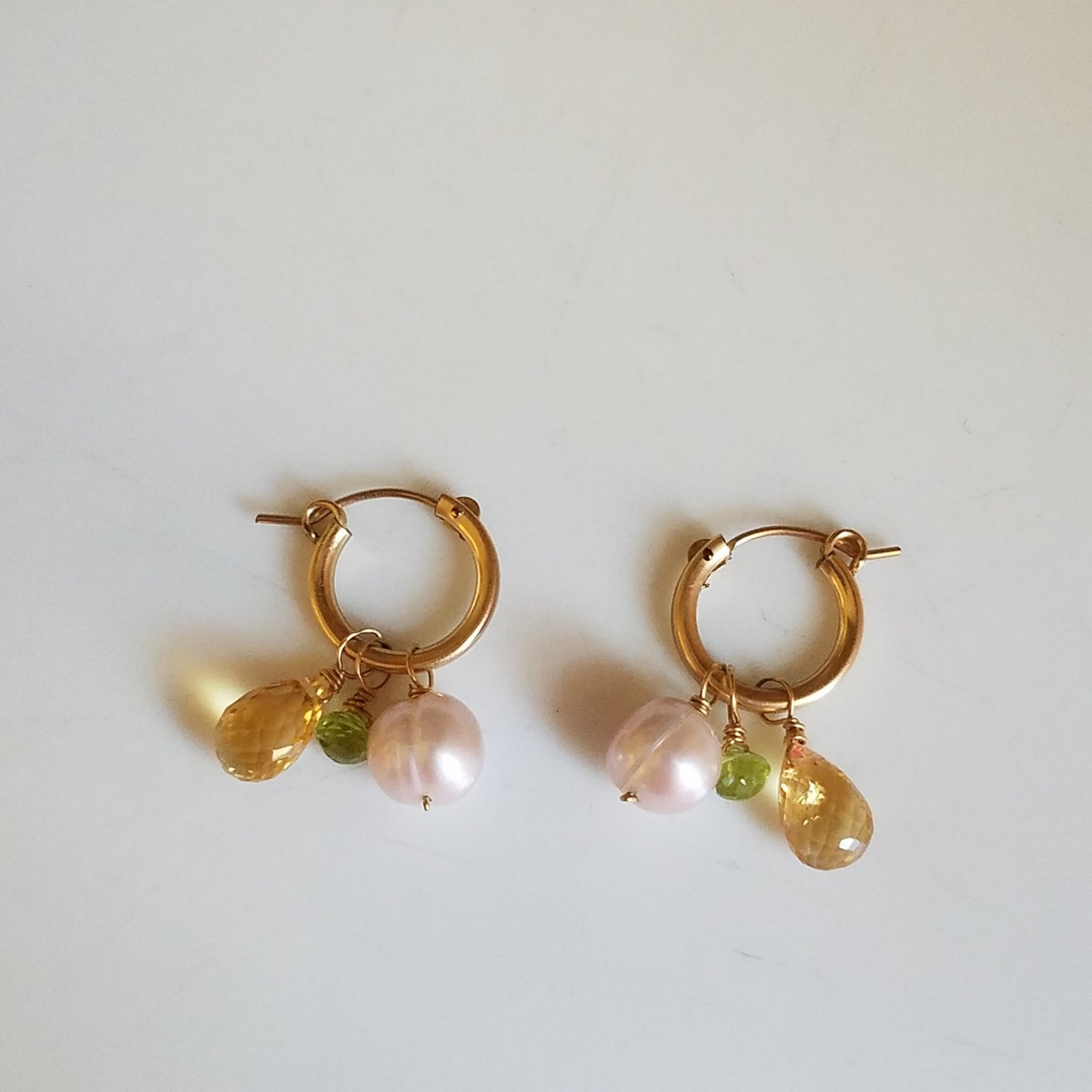Citrine, Peridot and Pearl hoop earrings