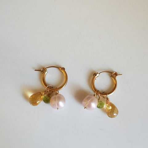Citrine, Peridot and Pearl hoop earrings