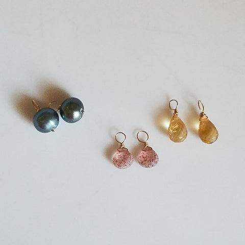 Pink, blue and yellow charms for hoop earrings