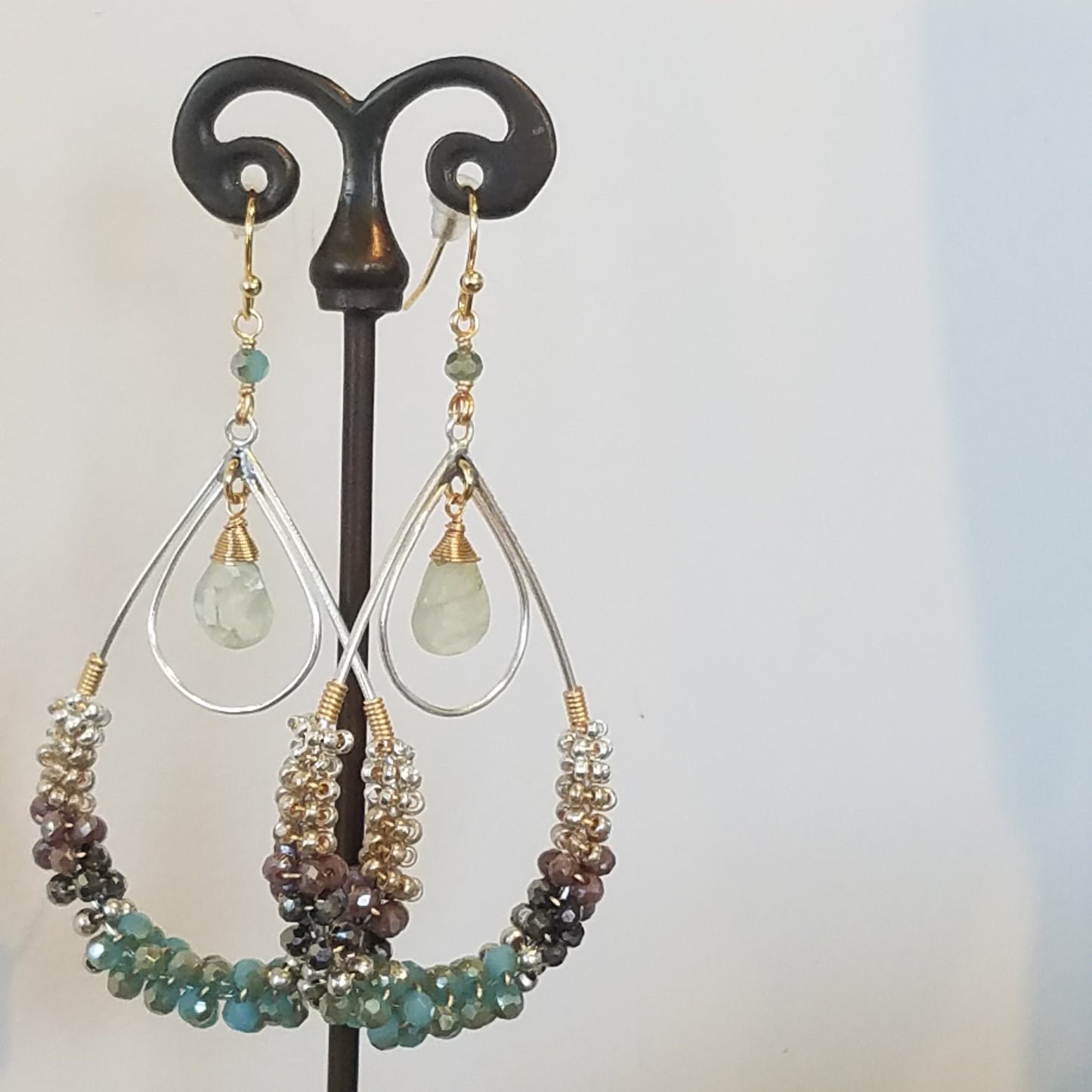 Prehnite surrounded with crystals earrings