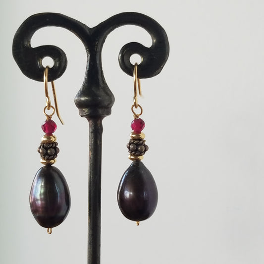 Gold, silver, pearl and Garnet earrings